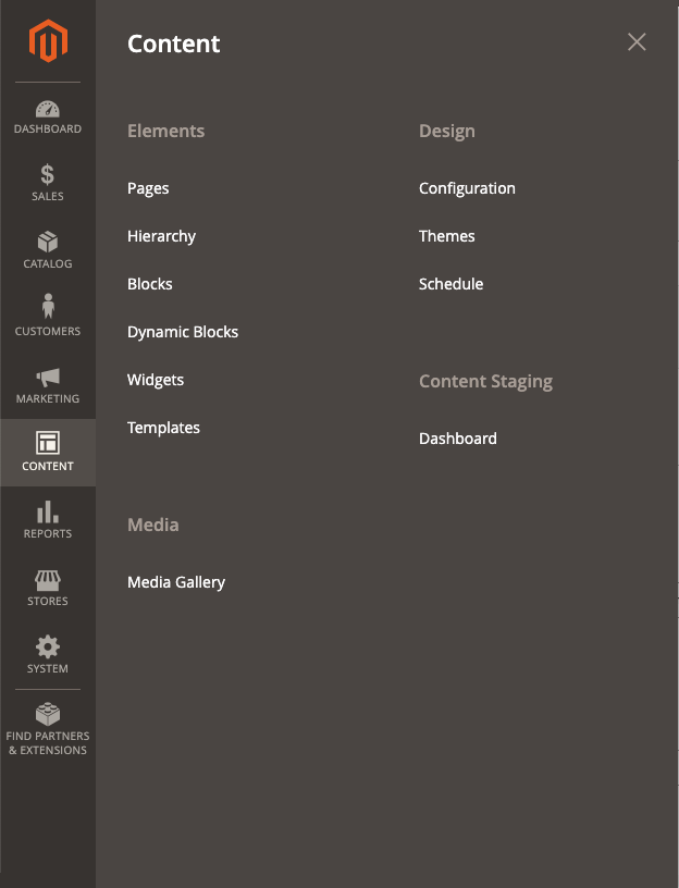 The Content menu displayed in the Commerce Admin