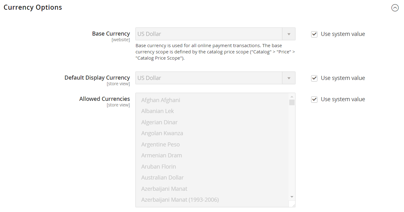 General configuration - currency options