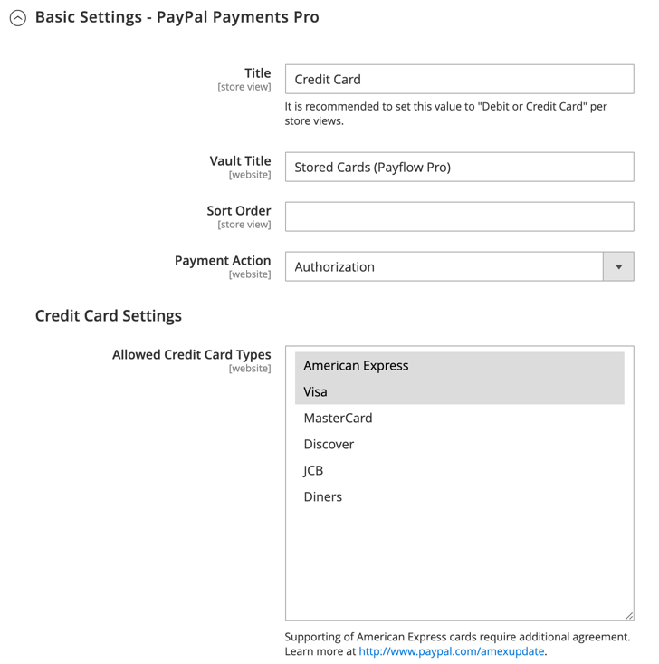 PayPal Payment Pro Basic Settings