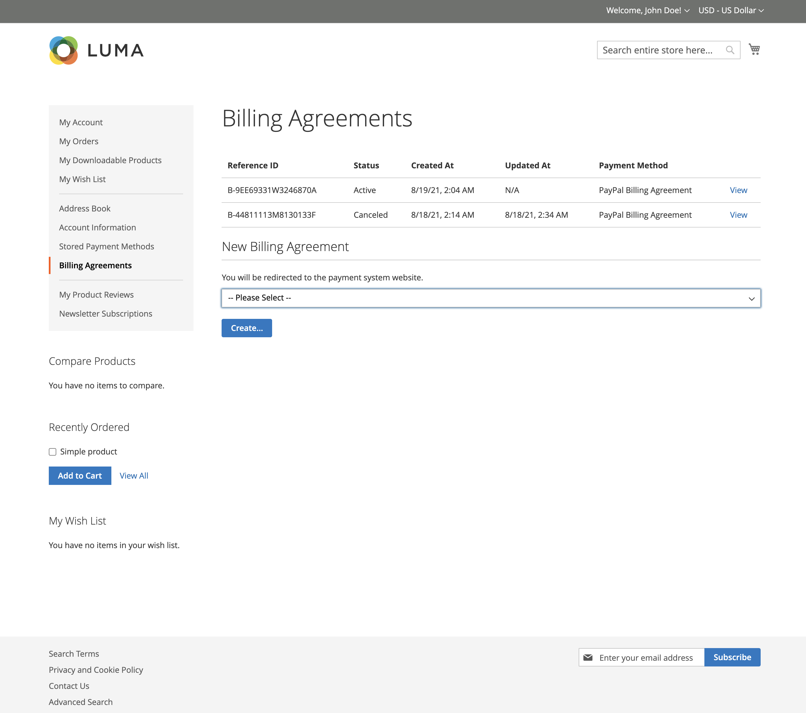 Billing agreements list in the customer's dashboard