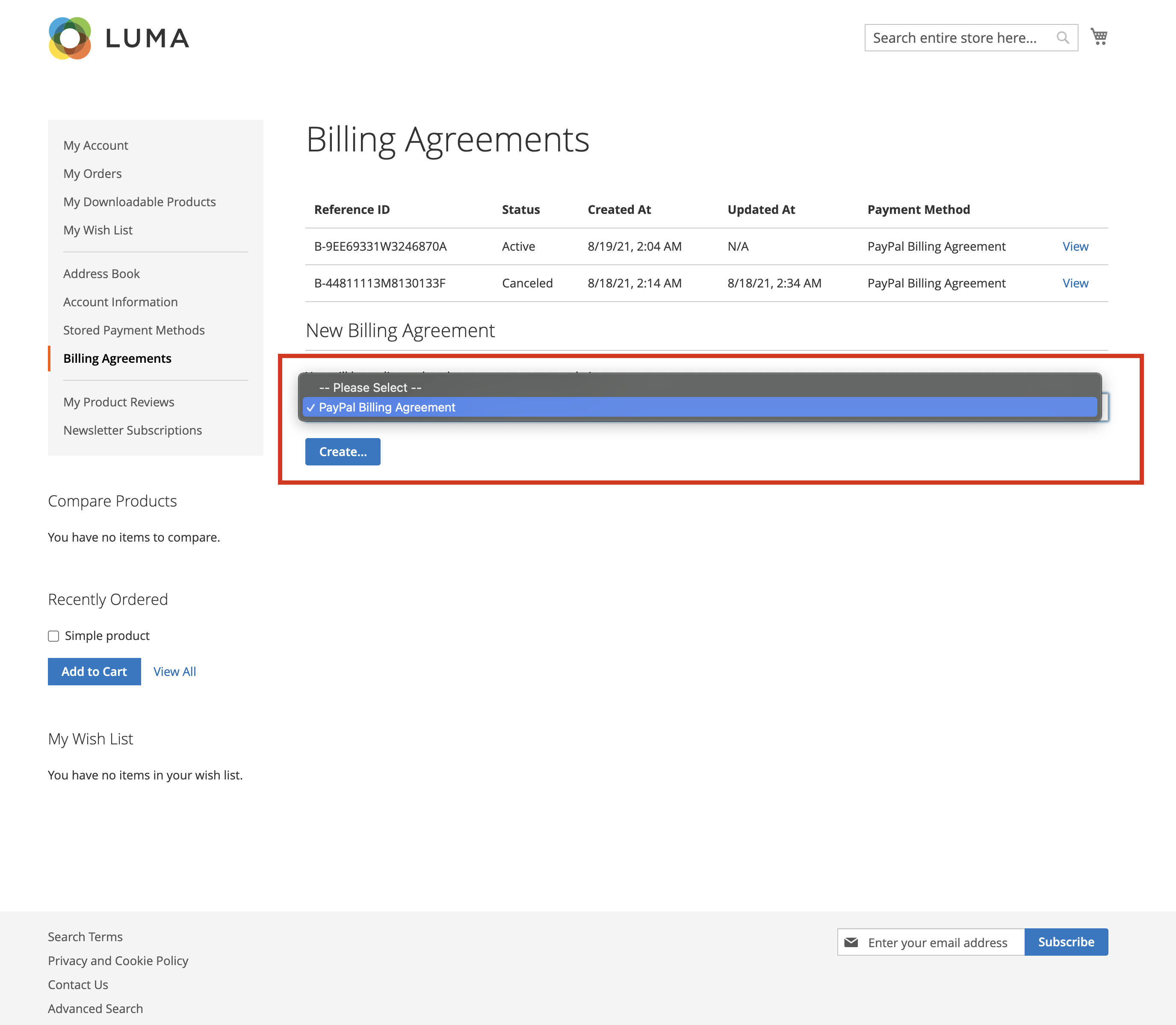 Creating new billing agreement in the customer's dashboard