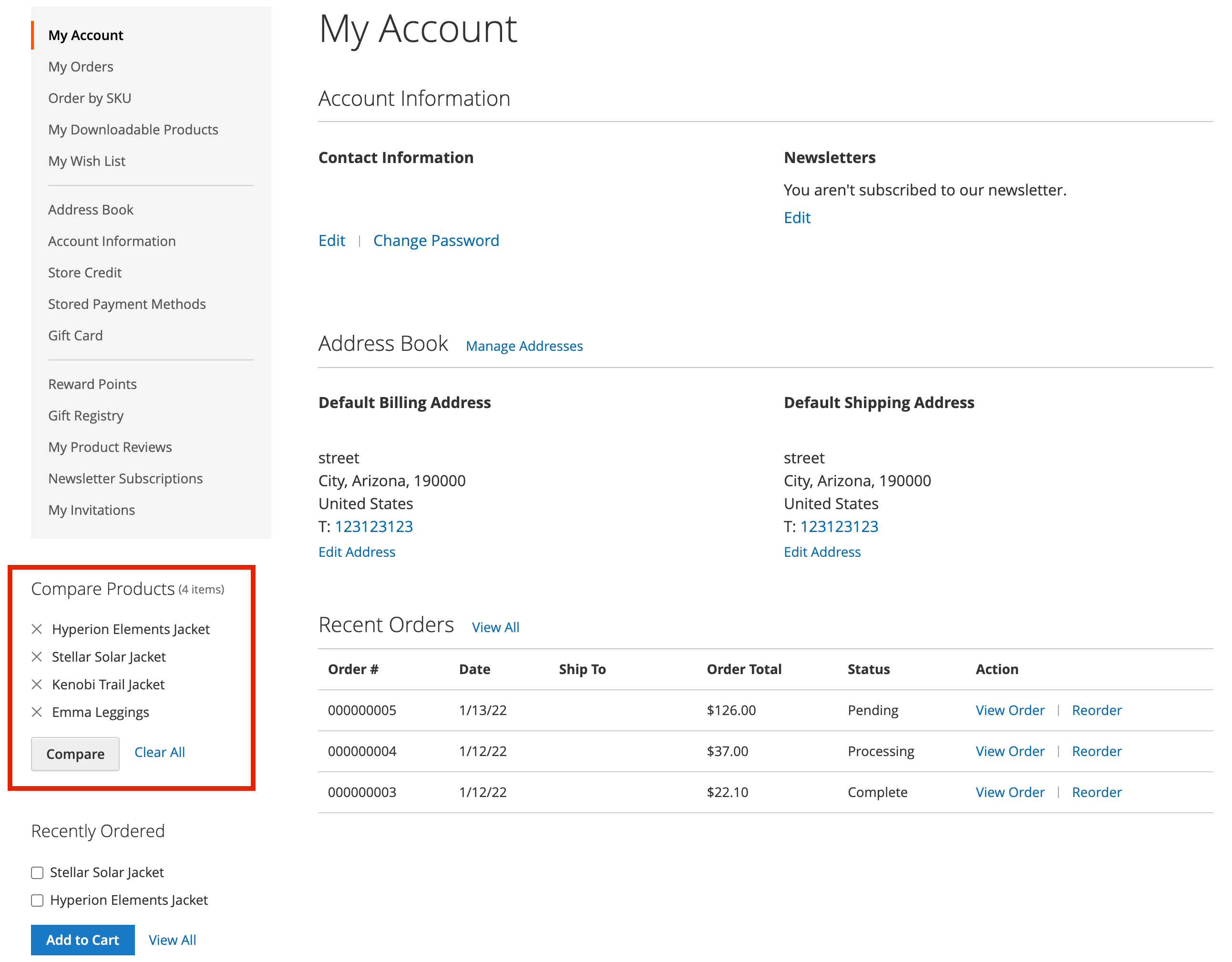 Compare Products block in customer account dashboard