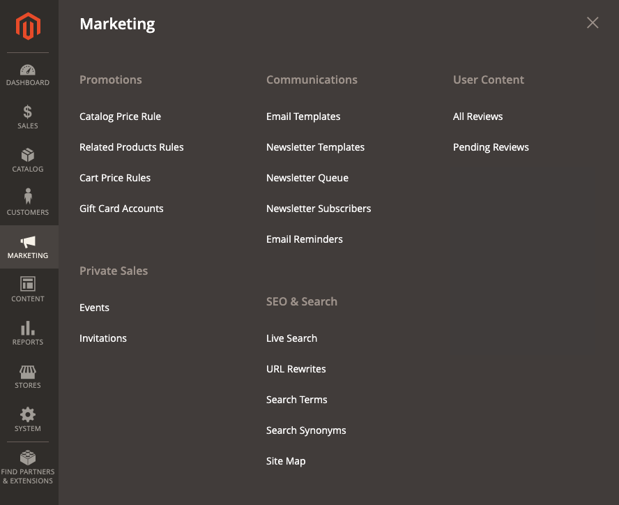 Commerce Admin - Marketing menu