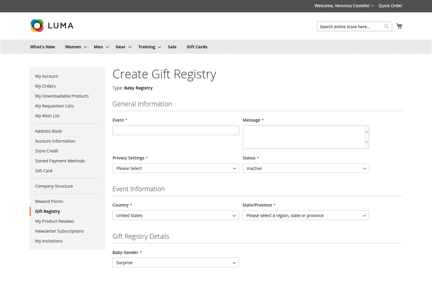 Example storefront - gift registry information