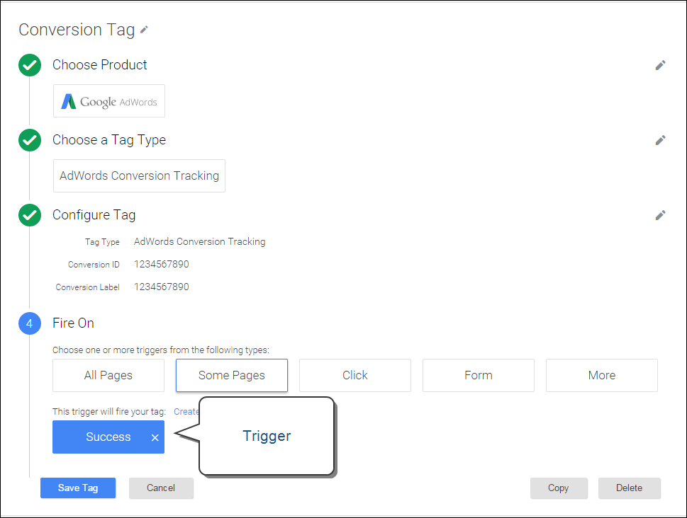 Google Tag Manager - trigger setup success