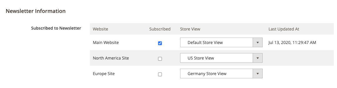 Multi-site customer newsletter subscription checkboxes and store view selectors