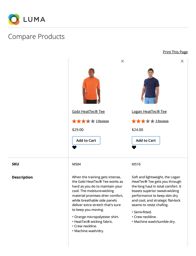 Example storefront - compare products