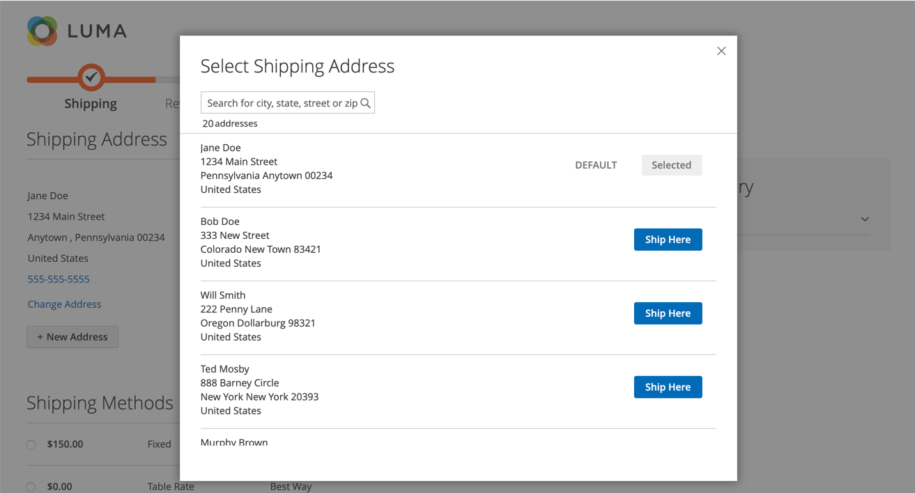 Luma storefront checkout with saved shipping addresses displayed