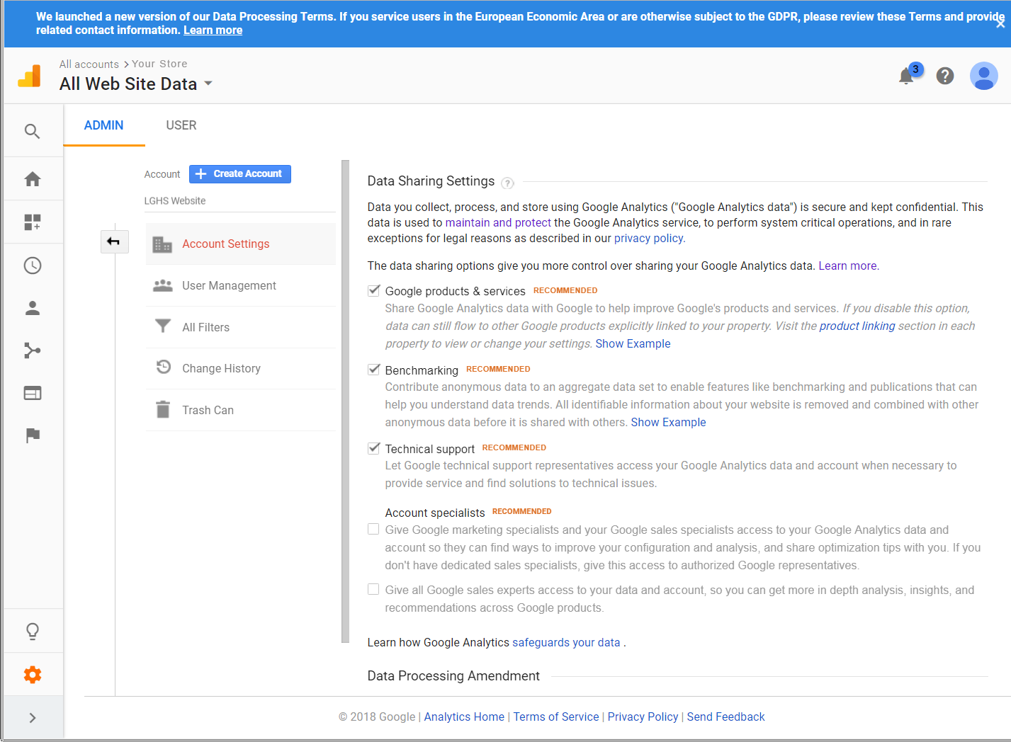 Google Analytics - data sharing settings
