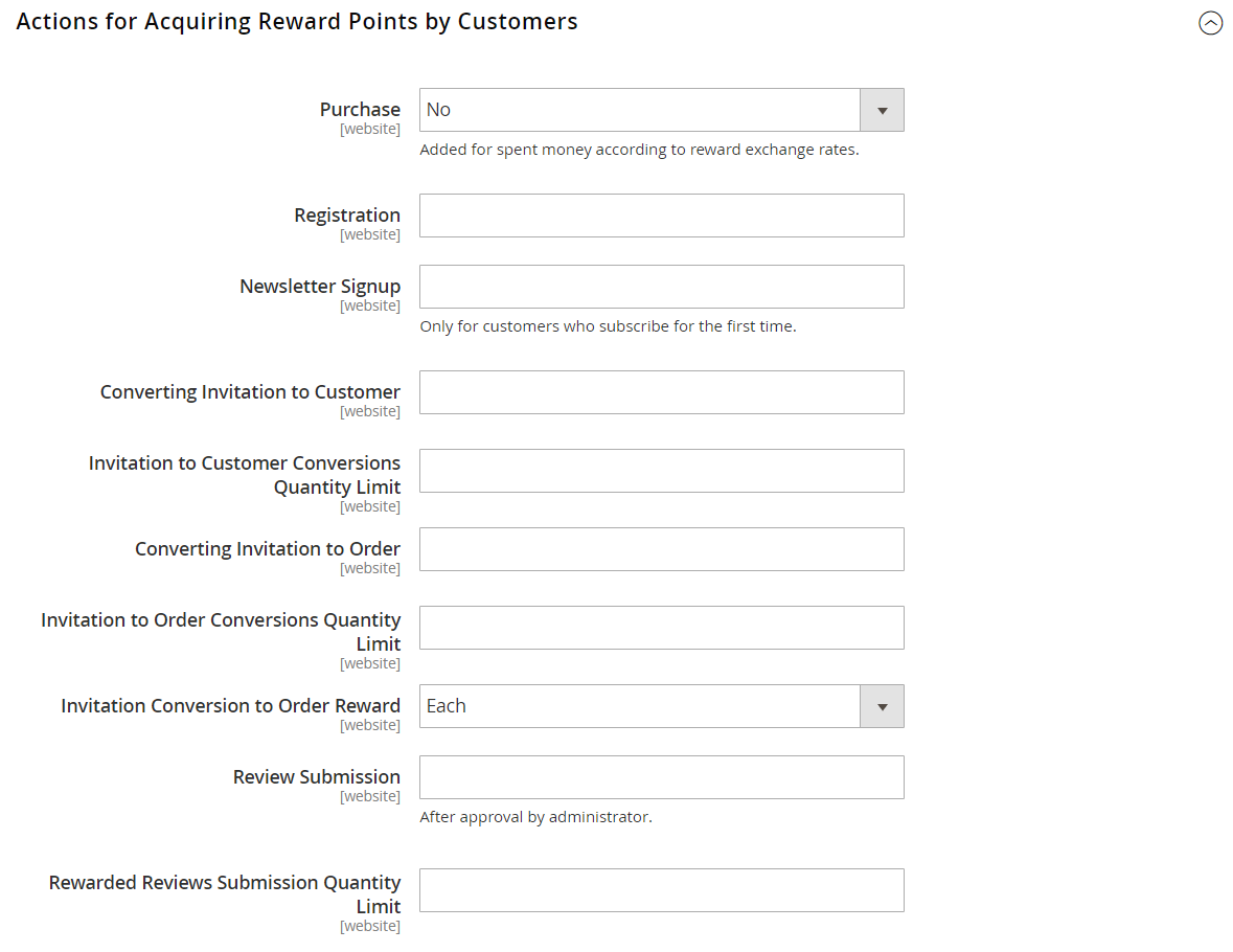 Customers configuration - actions for acquiring reward points by customer