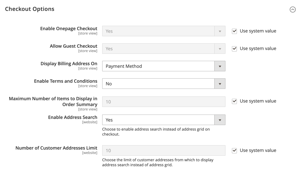 The checkout options expanded on the configuration page