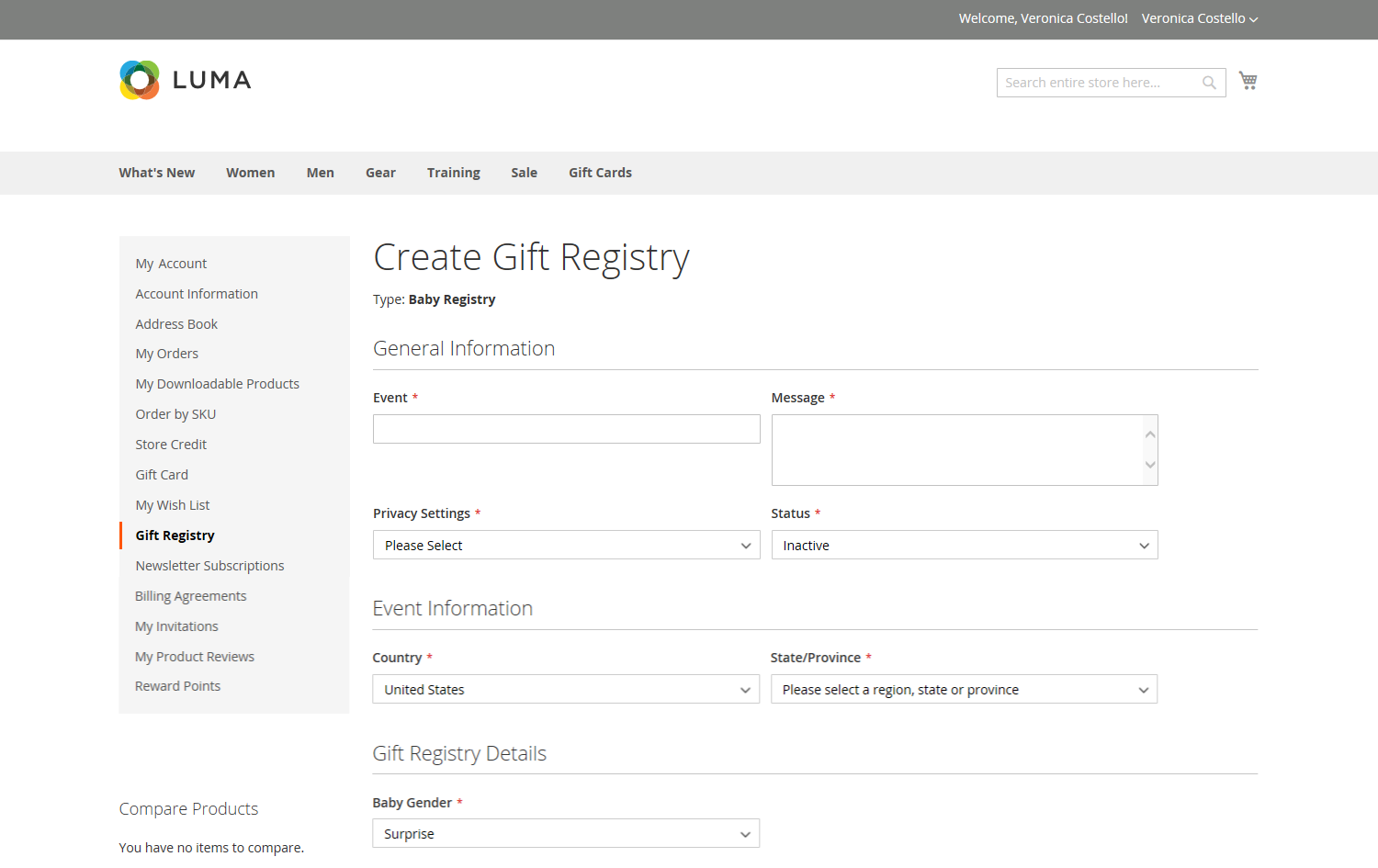 Example storefront - gift registry
