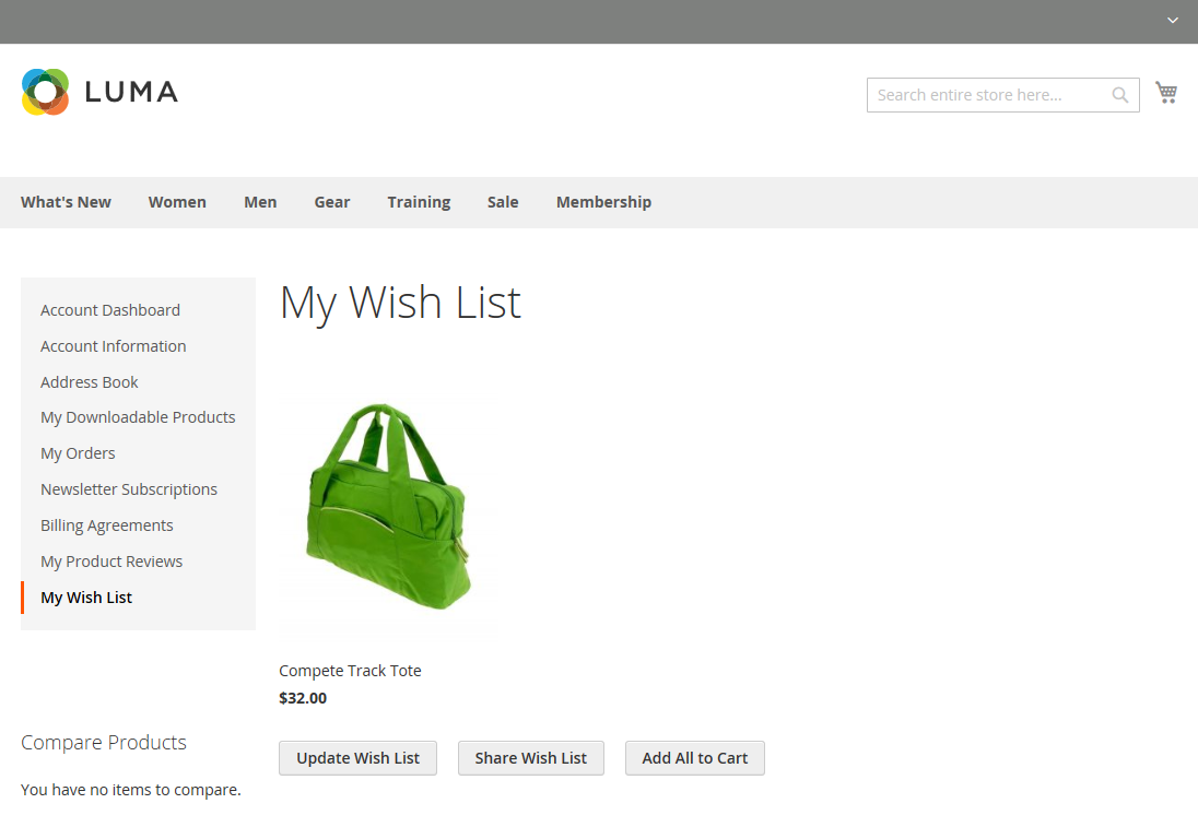 Example storefront - My Wish List