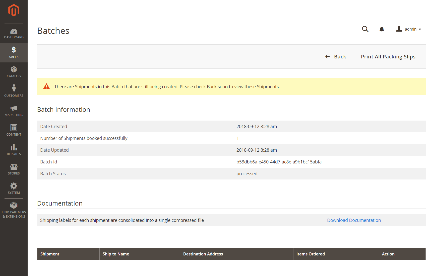 The Batch Detail page displays detailed information about the Magento Shipping batch