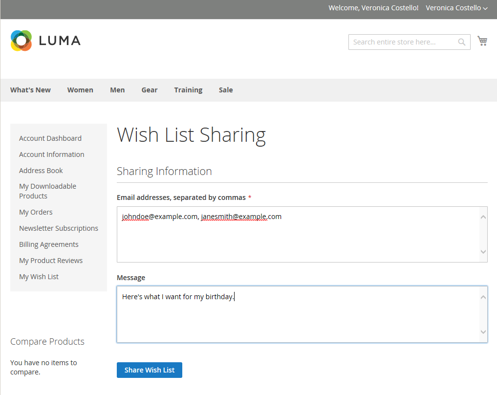 Example storefront - share wish list